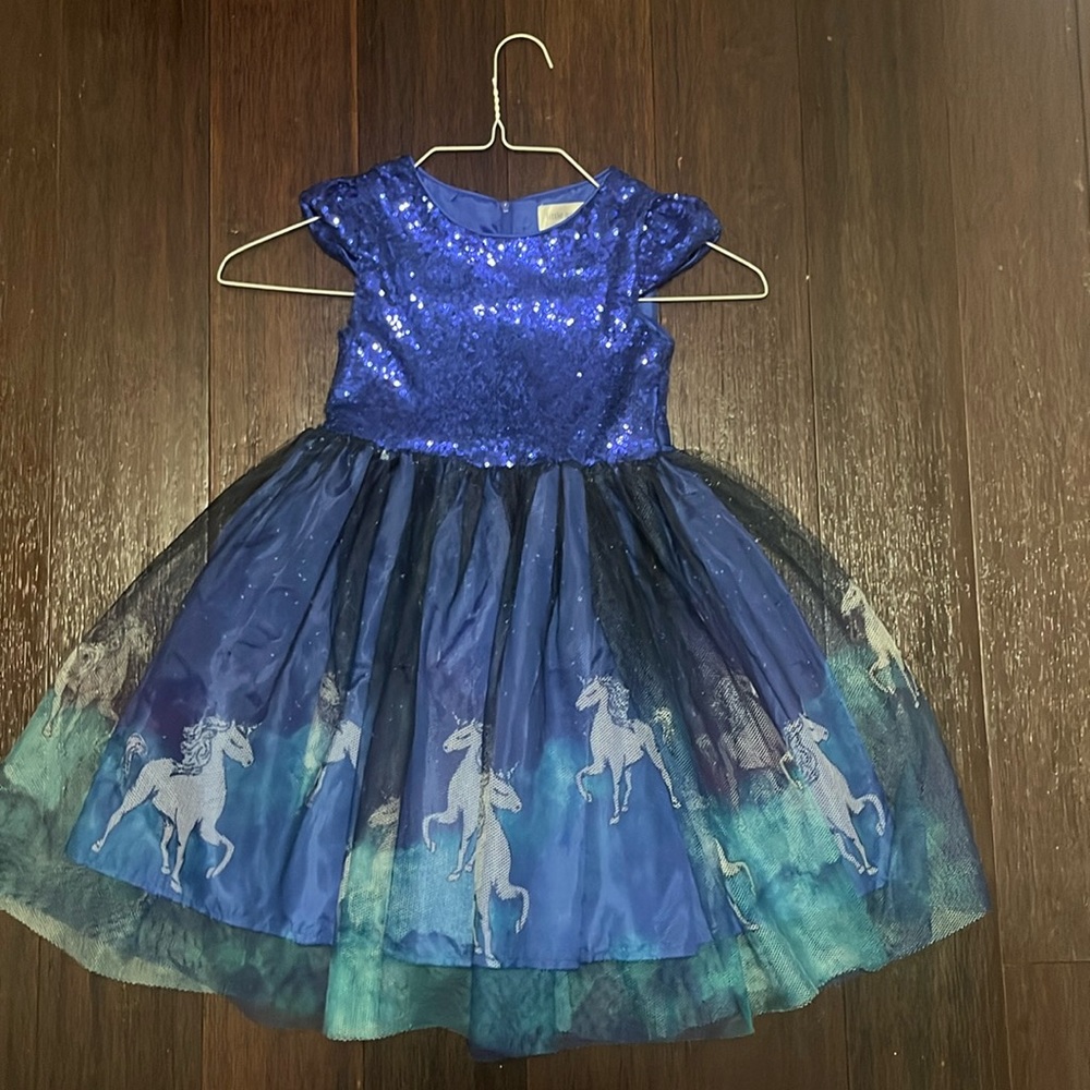Beautiful little angels party dress, blue, unicorns, size 6